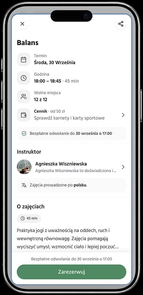 Widok szczegółów zajęć i rezerwacji w telefonie